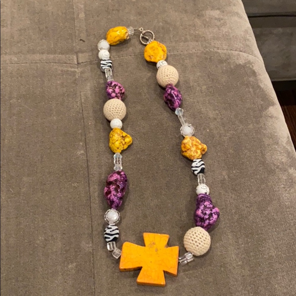 Purple, gold, stripe beaded necklace